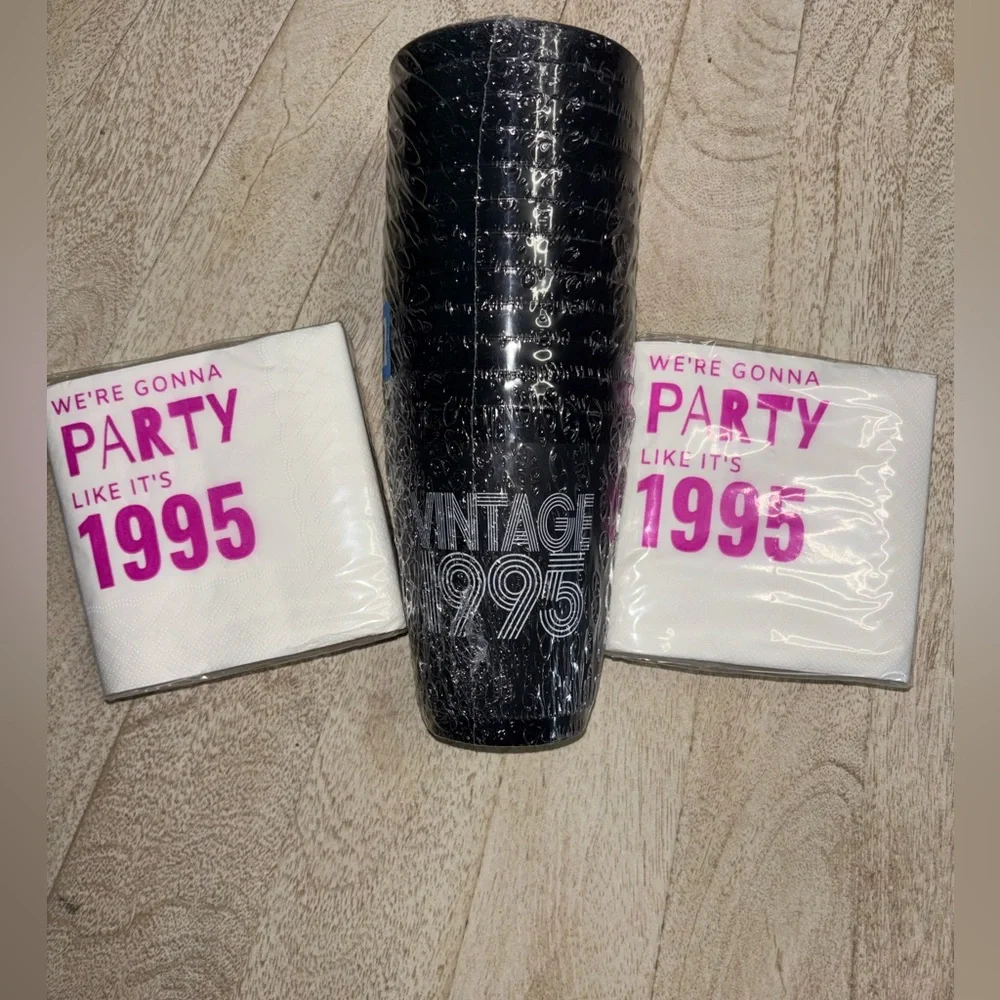 Vintage 1995 Black Party Cup and White Pink Napkin Set